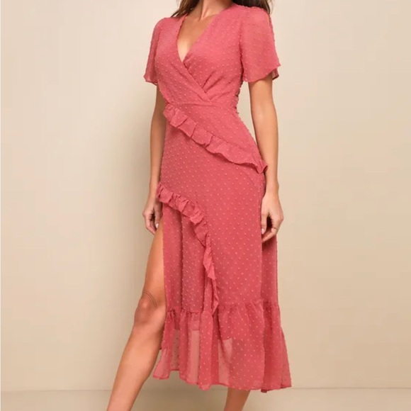 LULUS Next to You Rusty Rose Swiss Dot Ruffled Midi
Dress - Picture 2 of 8